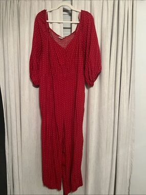 Knox Rose Red Printed Jumpsuit with V-Neck and Puff Sleeves